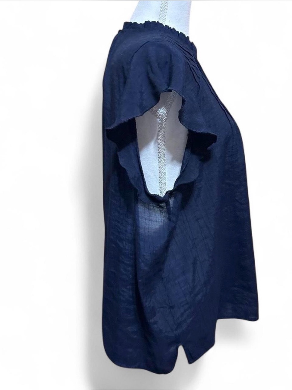 Nanette Lepore Navy Blue Ruffle Sleeve Blouse Top XL Keyhole Back - Picture 2 of 4